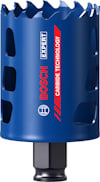 Cylindrisk blå borrskärare med text: "Bosch Expert, Carbide Technology".