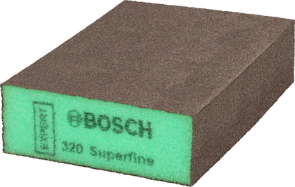 Rektangulärt slipblock med brun slipyta och grön kärna. Text: "BOSCH 320 Superfine".