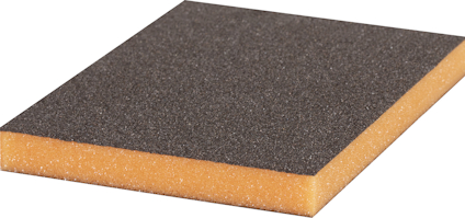 Rektangulärt slipblock med en brun skumbas och en mörk slipyta på ovansidan.
