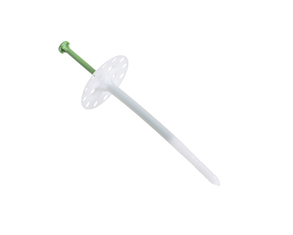 Vit och grön plastplugg med rund bricka och lång skaft.