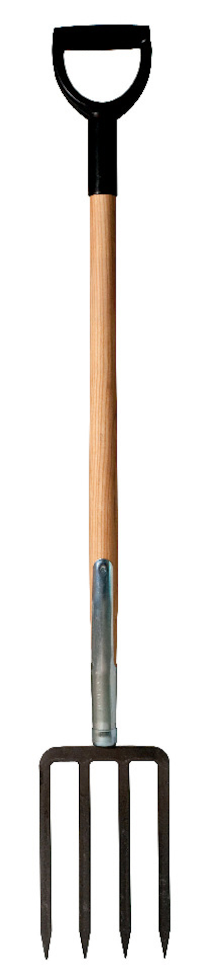 Trädgårdsgrep med trähandtag och fyra metalltänder. Svart plasthandtag upptill.