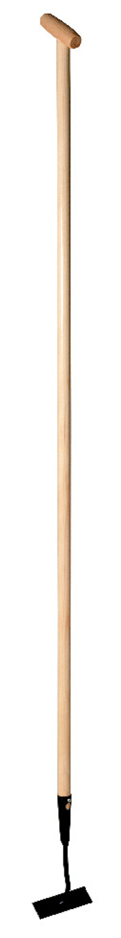 Trädgårdsskyffel med långt trähandtag och platt metallhuvud.