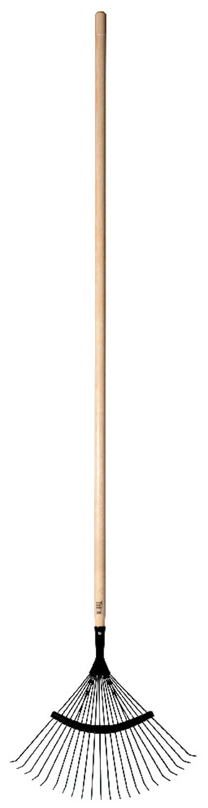 Lövräfsa med långt trähandtag och svarta, böjda, metalltänder.