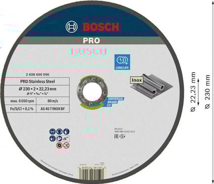 Rund slipklinga från Bosch, märkning "PRO Stainless Steel", med specifikationer: 230 x 2 x 22,23 mm.