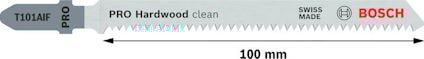Sågblad från Bosch, 100 mm långt, märkt "PRO Hardwood clean", "SWISS MADE", modell T101AIF.