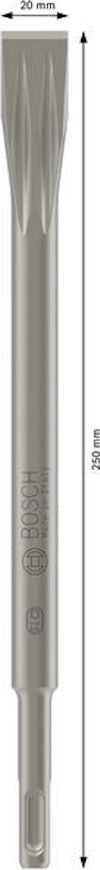 Mejsel med platt ände, 320 mm lång, 20 mm bred, silverfärgad med Bosch-logotyp.
