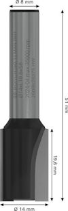 Rakt frässtål med dimensioner: 51 mm längd, 8 mm axel diameter, 14 mm skär diameter, 19,6 mm skärlängd.
