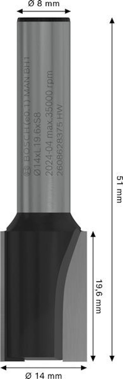 Rakt frässtål med dimensioner: 51 mm längd, 8 mm axel diameter, 14 mm skär diameter, 19,6 mm skärlängd.