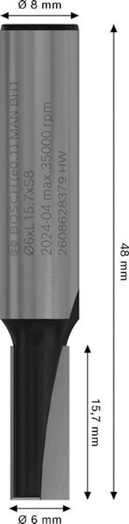 Skärverktyg med mått: 8 mm diameter, 48 mm total längd, 15,7 mm verktygslängd.
