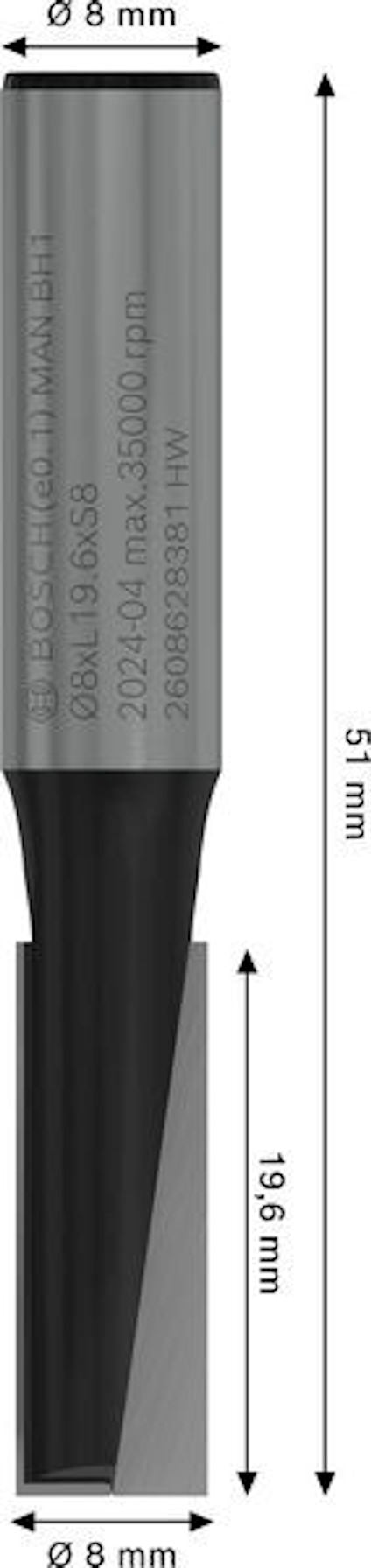 Verktyg med måttangivelser: längd 51 mm, diameter 8 mm, skärlängd 19,6 mm.