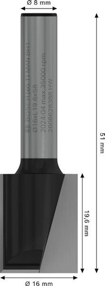 Fräsverktyg med dimensioner: total längd 51 mm, skärdiameter 16 mm, skaftdiameter 8 mm.