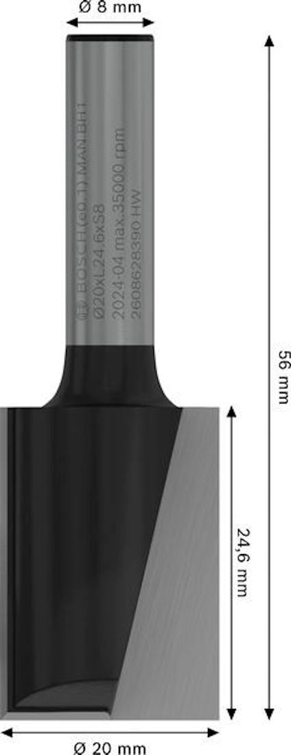 Stegfräs med måtten 56 mm längd, 8 mm skaftdiameter och 20 mm skärdiameter.