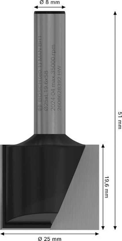 Cylindrisk fräs med måttangivelser: Ø8 mm, Ø25 mm, längd 51 mm, skärlängd 19,6 mm.