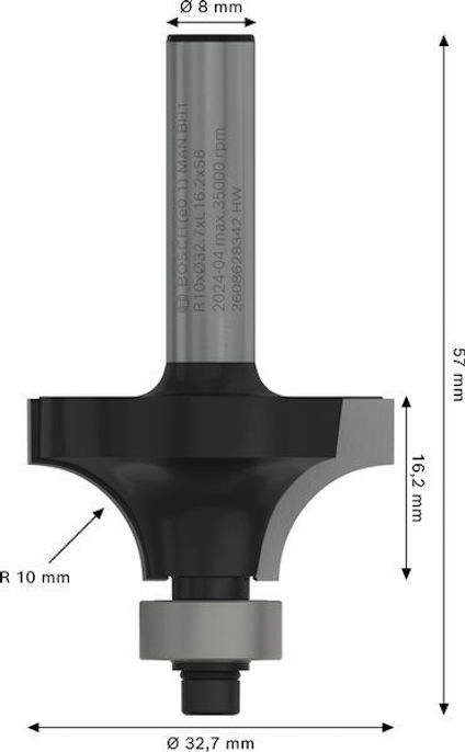 Fräsverktyg med svarta och silverdetaljer, mått: 57 mm hög, 32,7 mm bred, R 10 mm, diameter 8 mm.