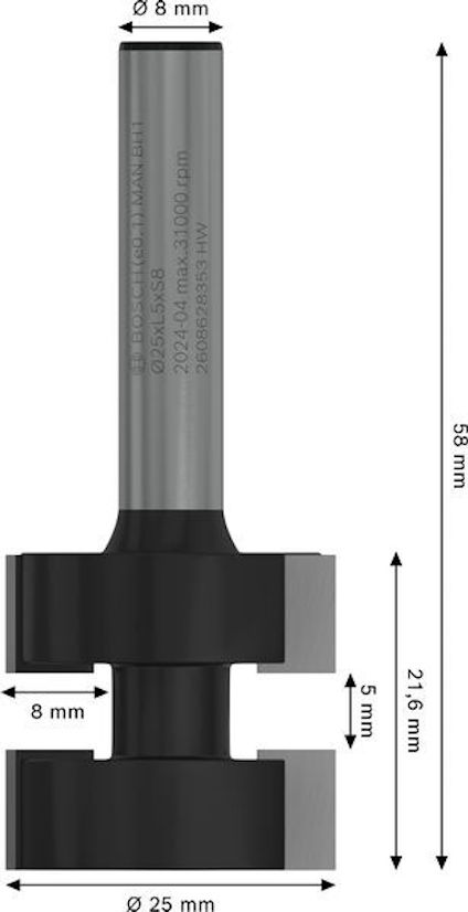 Routerskära med dimensioner: 58 mm total längd, 21,6 mm skärhöjd, 8 mm skaft och diameter, 25 mm skärdiameter.