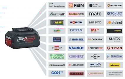 Batteri märkt "AMPShare" med logotyper för olika varumärken, inklusive Bosch, Fein och Fischer.