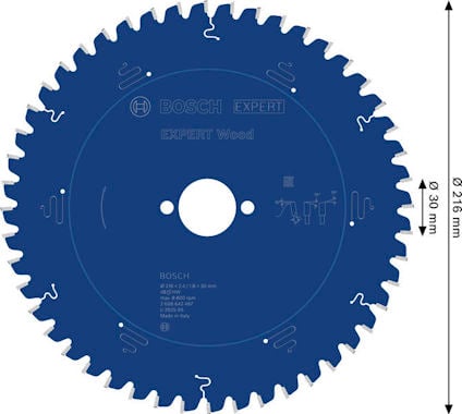 Blå cirkelsågklinga med vit text: "Bosch Expert Wood", diameter 216 mm, 30 tänder, 30 mm hålrum.