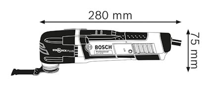 Svartvit illustration av ett Bosch Starlock Plus-verktyg, med mått 280 mm x 75 mm.
