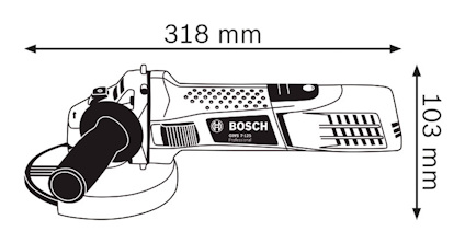 Svartvit illustration av Bosch vinkelslip GWS 750-115 med mått: 318 mm lång och 103 mm hög.