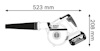 Illustration av en Bosch lövblås med dimensionerna 523 mm x 208 mm, batteridriven med 18V system.