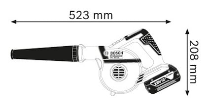 Illustration av en Bosch lövblås med dimensionerna 523 mm x 208 mm, batteridriven med 18V system.