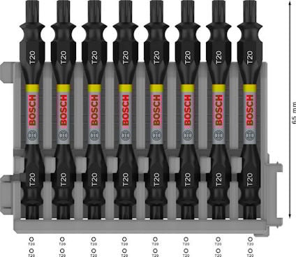Bitsats med nio svarta Bosch T20 bits med grå hållare. Bitsen är 65 mm långa.