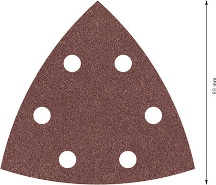 Sandpapper i trekantig form med sex hål, längd 93 mm.