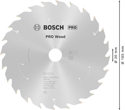 Cirkelsågblad i metall, märkning "BOSCH PRO Wood", diameter 165 mm, håldiameter 20 mm.