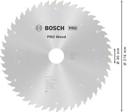 Rund sågklinga för trä, märkt "BOSCH PRO Wood", med dimensionerna Ø 216 mm, Ø 30 mm.