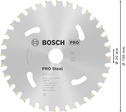 Cirkelsågklinga med text: "Bosch PRO Steel, Ø150 mm, 20 mm, 5000 min⁻¹, Made in China".