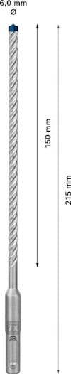 Borr med spiralformad axel och SDS-fäste. Diameter 6,0 mm, längd 215 mm, arbetslängd 150 mm.