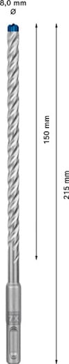Borr med spiralformad design, längd 215 mm, arbetslängd 150 mm, och diameter 8,0 mm, med text och pilar.