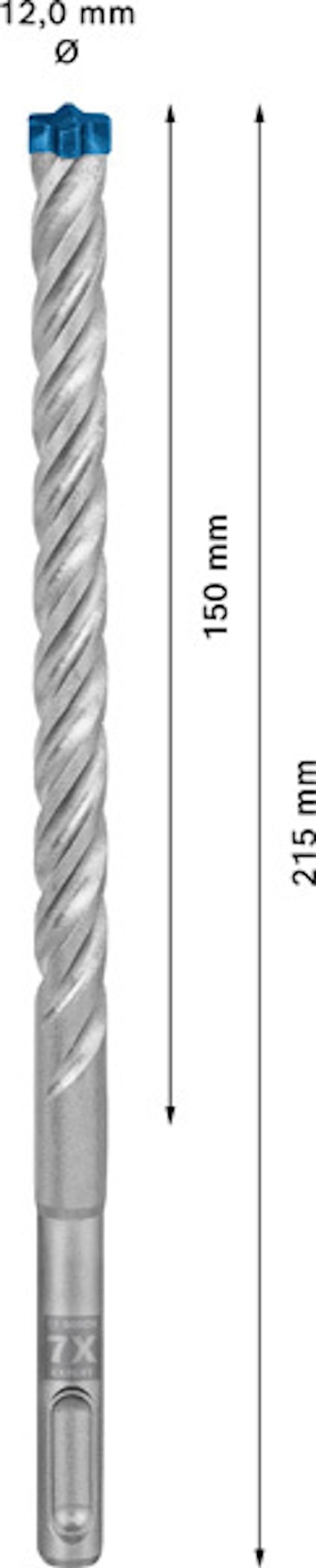 Borr med spiraldesign, blå topp och måtten 12,0 mm diameter, 150 mm och 215 mm längd.