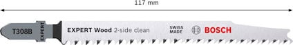 Sticksågblad med texten "EXPERT Wood 2-side clean", "BOSCH", "Swiss Made", "T308B", längd 117 mm.