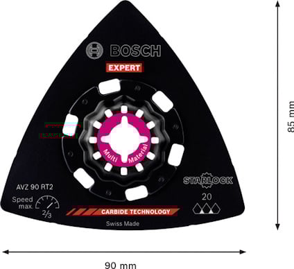 Triangulär slipplatta från Bosch, mått: 85x90 mm, med texten "Multi Material", "STARLOCK", "Swiss Made", "EXPERT".