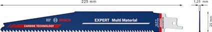 Sågblad med mått 225 mm i längd och 1,25 mm i tjocklek. Text: "EXPERT Multi Material", "CARBIDE TECHNOLOGY".