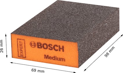 Rektangulär slipkloss med märkningen "EXPERT BOSCH Medium", måtten 69x98x26 mm.