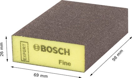 Gul slipkloss med svart slityta och Bosch-logotypen, märkning "EXPERT Fine", omgiven av måttangivelser: 98x69x26 mm.