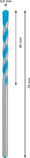 Borr med blå spiralmönster, längdmarkeringar 40 mm och 70 mm, diameter 3,0 mm.