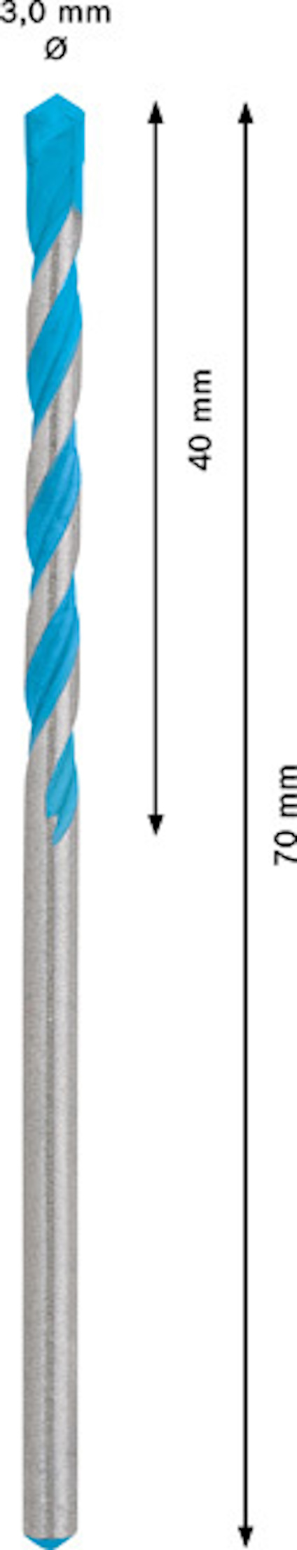 Borr med blå spiralmönster, längdmarkeringar 40 mm och 70 mm, diameter 3,0 mm.