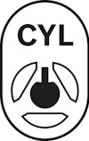 CYL-symbol med en cirkel och två pilar inuti en oval.