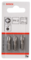 Tre styck bitar från Bosch, PH2, 25 mm, förpackade i genomskinlig plast.