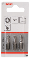 Tre Bosch PZ1 bits, 25 mm långa, 1/4" sexkantfattning, förpackade i en genomskinlig plastblister.