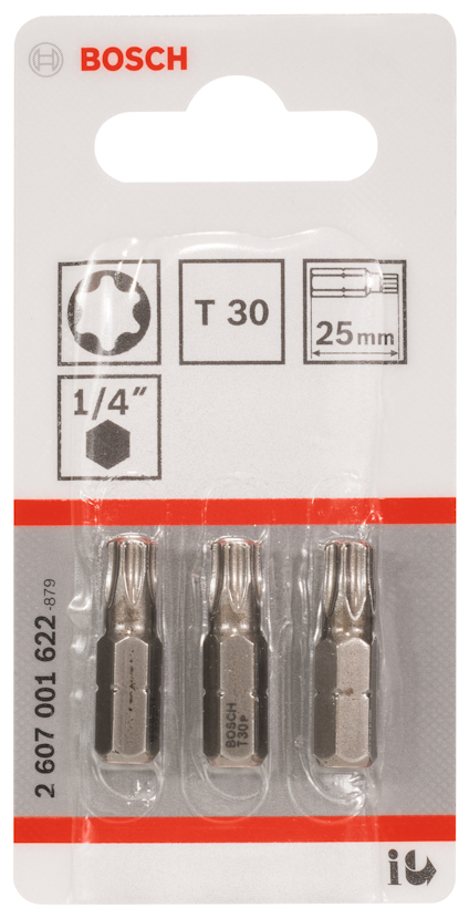 Borste bits T30, 25 mm, 1/4", förpackade i blisterpack, Bosch varumärke.