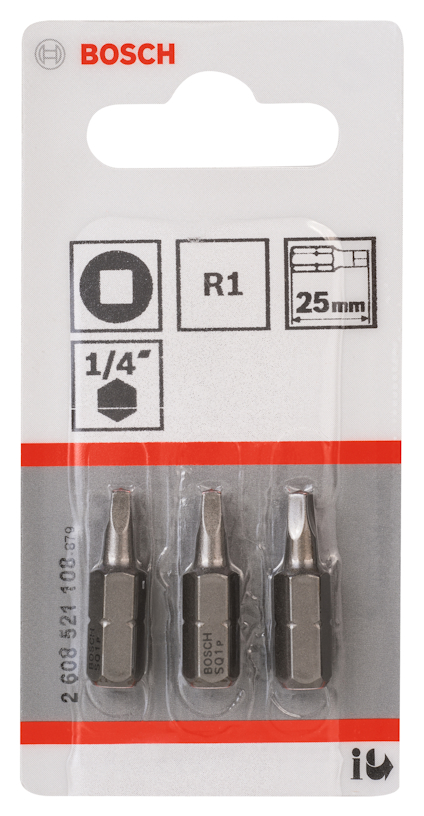 Tre kvadratmejselspetsar från Bosch, modell R1, 25 mm, 1/4 tum. Förpackning med upphängningshål.