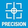 Vitt korshårssymbol på blå bakgrund med texten "PRECISION" under.
