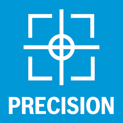 Vitt korshårssymbol på blå bakgrund med texten "PRECISION" under.