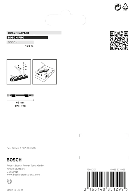 Förpackning med Bosch PRO verktygsdel, visar streckkod, QR-kod och "Made in China".
