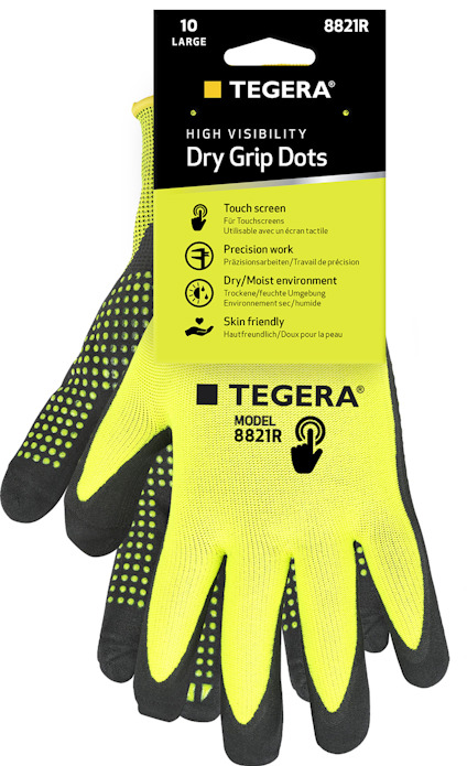 Gul och svart handske med tryck på förpackningen: "HIGH VISIBILITY, Dry Grip Dots, Touch screen, Precision work".