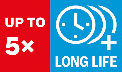 Röd och blå grafik med texten "UP TO 5x LONG LIFE" samt en klocksymbol.